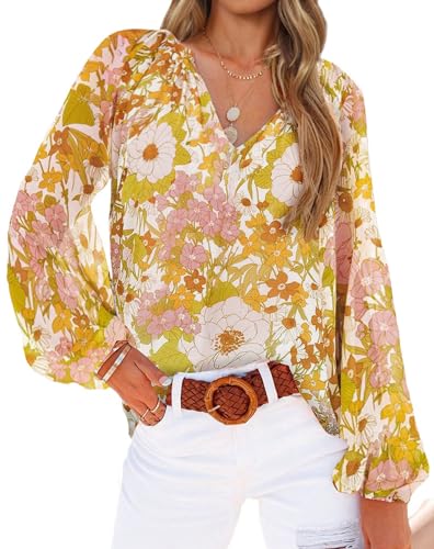 Boho V-Neck Long Sleeve Floral Blouse - Yellow