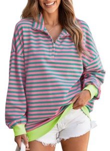 EVALESS Women's Striped Oversized Quarter Zip Sweatshirt
