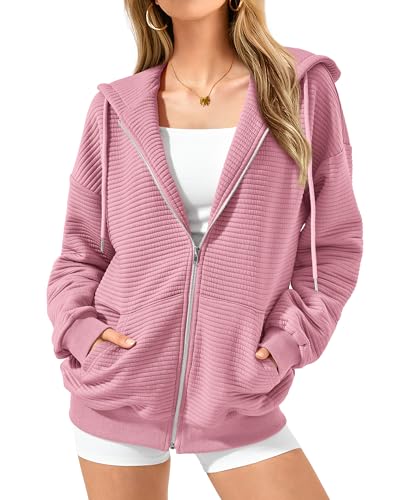 Womens Oversized Zip Up Hoodie Sweatshirt - Solid Pink