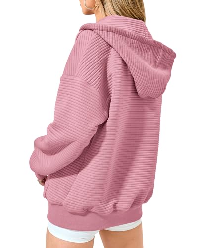 Womens Oversized Zip Up Hoodie Sweatshirt - Solid Pink