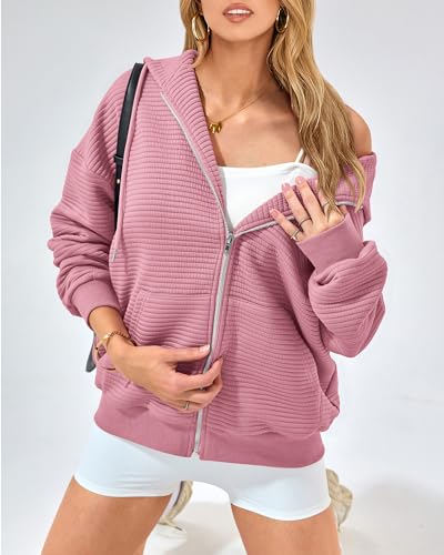 Womens Oversized Zip Up Hoodie Sweatshirt - Solid Pink