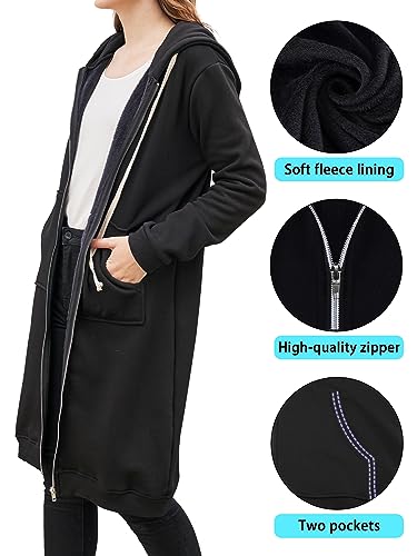 Black Full Zip-Up Hoodie Women's Fashion Fleece Sweatshirt
