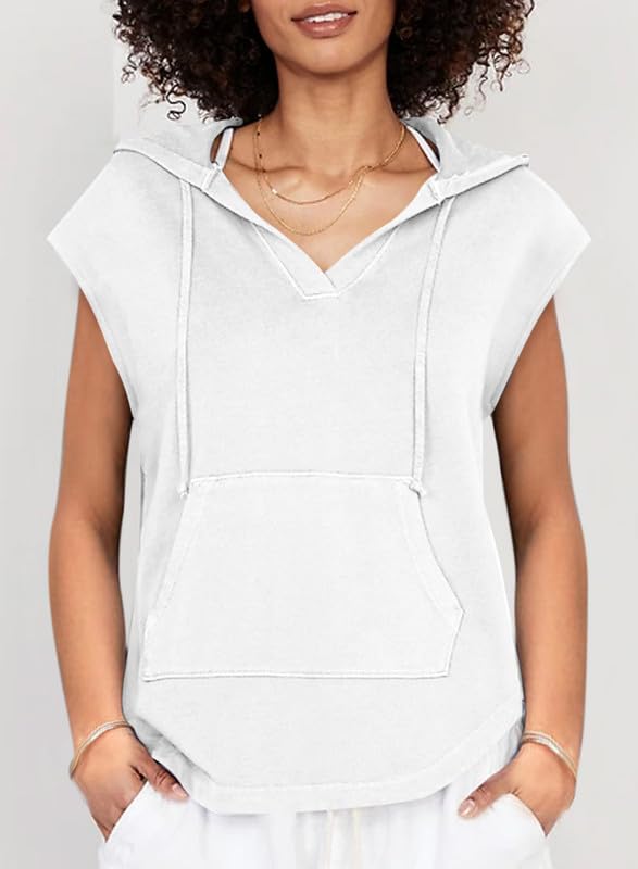 SHEWIN White Drawstring Hoodie Pullover - Fashion Womens