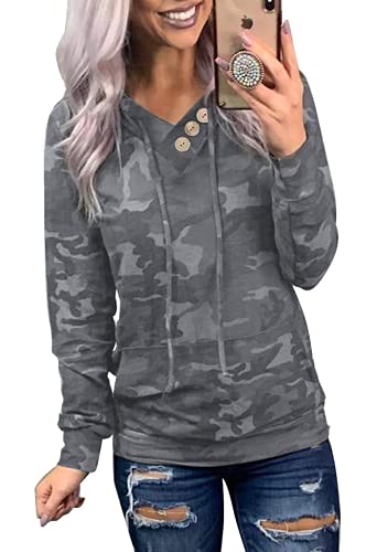 Dokotoo Women's Camo Hoodie V-Neck Pullover Sweatshirt