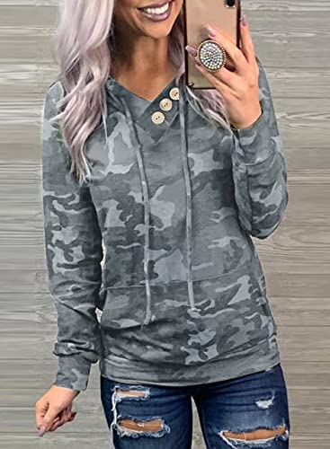 Dokotoo Women's Camo Hoodie V-Neck Pullover Sweatshirt
