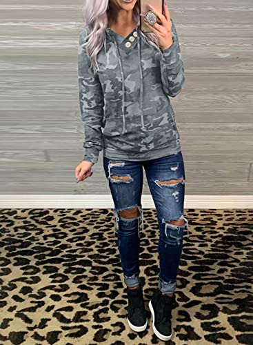 Dokotoo Women's Camo Hoodie V-Neck Pullover Sweatshirt