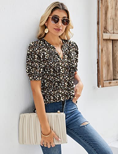 Floral V-Neck Puff Sleeve Summer Top (X-Large)