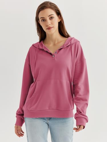 Ezymall Women's Hooded Pullover Sweatshirt in Rose Red
