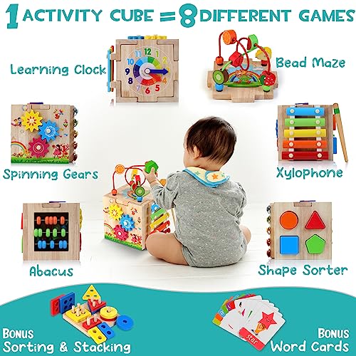 HELLOWOOD Wooden Activity Cube: 8-in-1 Montessori Educational Toy