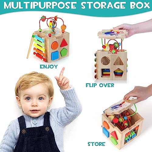 HELLOWOOD Wooden Activity Cube: 8-in-1 Montessori Educational Toy