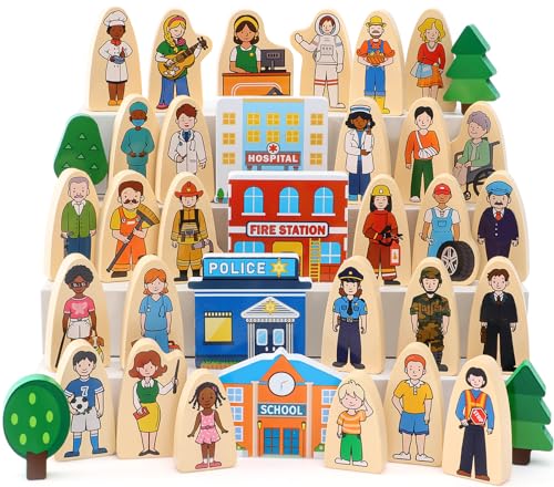 Atoylink 36Pcs Wooden Community Helpers Play Set