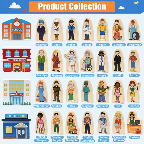 Atoylink 36Pcs Wooden Community Helpers Play Set