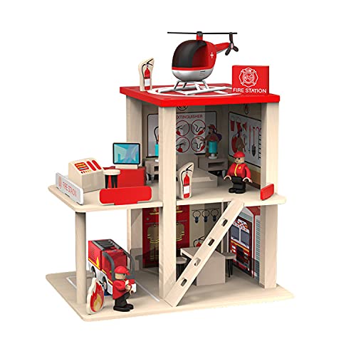 BBtinker Wooden Fire Station Playset for Kids