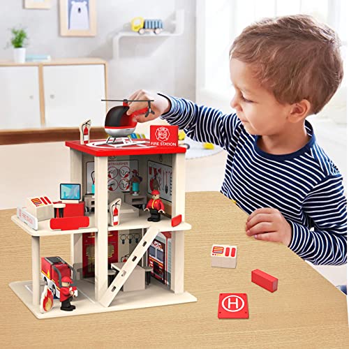 BBtinker Wooden Fire Station Playset for Kids
