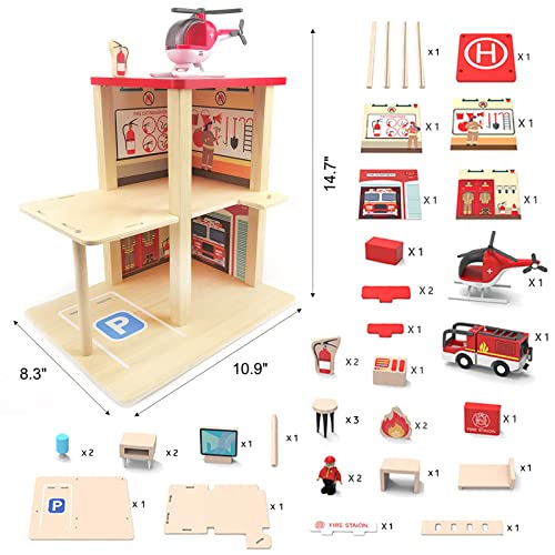BBtinker Wooden Fire Station Playset for Kids