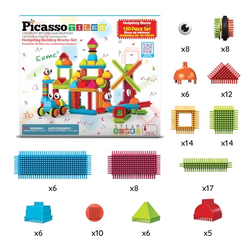 PicassoTiles 120pcs Hedgehog Interlocking Building Blocks Tiles Construction Toy Set Learning Playset STEAM Development Preschool Kindergarten Toy for Kids Age3+ PTB120