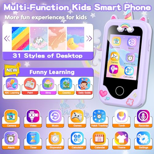 Kids Smart Phone for Girls, Christmas Birthday Gifts for Girls Age 3-10 Kids Toys Cell Phone, 2.8" Touchscreen Toddler Learning Play Toy Phone with Dual Camera, Game, Music Player, 8G SD Card (Purple)
