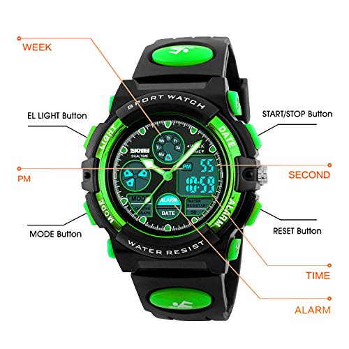 Children's LED Digital Sports Watch - Green, 50M Waterproof