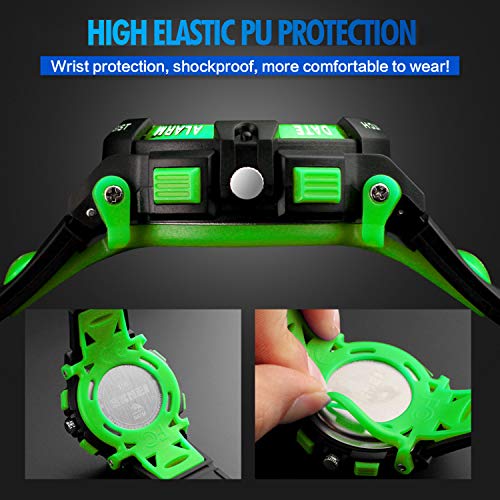 Children's LED Digital Sports Watch - Green, 50M Waterproof