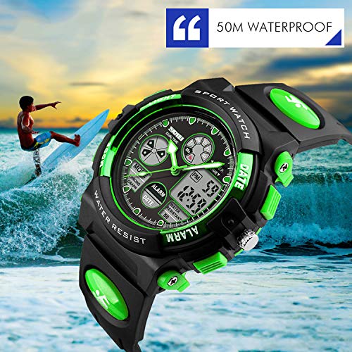 Children's LED Digital Sports Watch - Green, 50M Waterproof