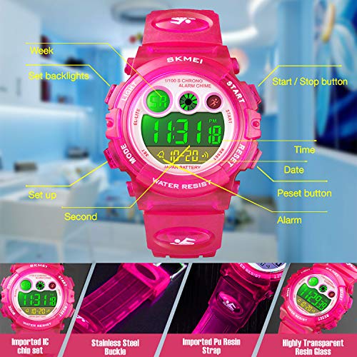 Pink Kids Digital Sports Waterproof Watches with Alarm