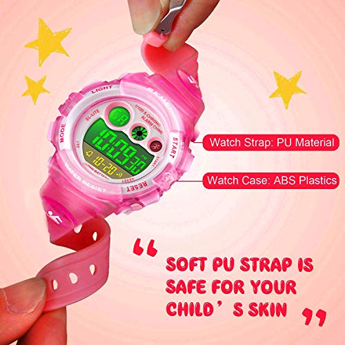 Pink Kids Digital Sports Waterproof Watches with Alarm