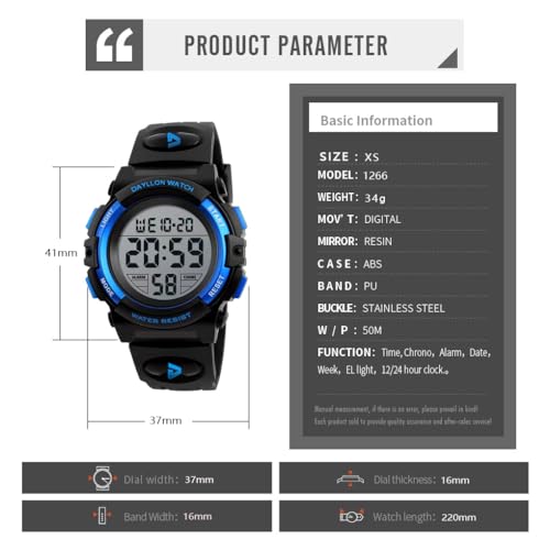 Kid's Black Blue Digital Sports Watch 50M Waterproof