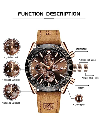 BY BENYAR Men's Chronograph Quartz Watch Waterproof Brown Leather