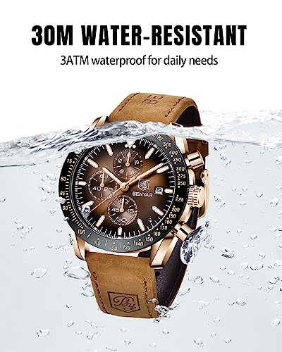 BY BENYAR Men's Chronograph Quartz Watch Waterproof Brown Leather