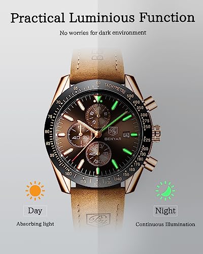 BY BENYAR Men's Chronograph Quartz Watch Waterproof Brown Leather