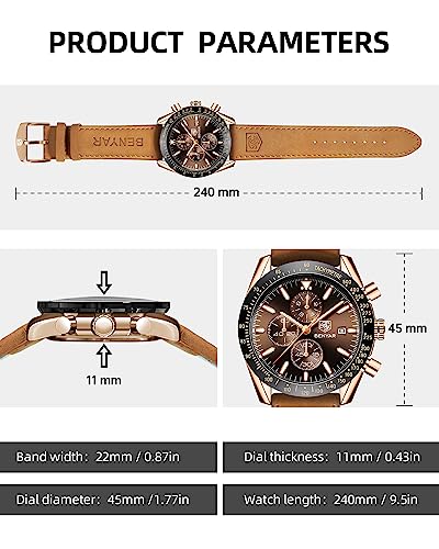 BY BENYAR Men's Chronograph Quartz Watch Waterproof Brown Leather
