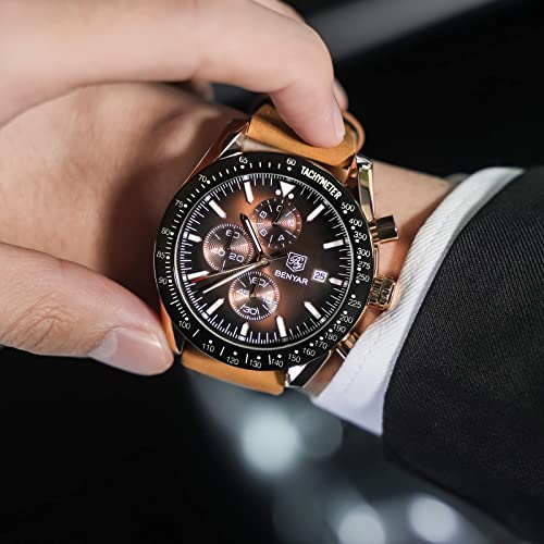 BY BENYAR Men's Chronograph Quartz Watch Waterproof Brown Leather