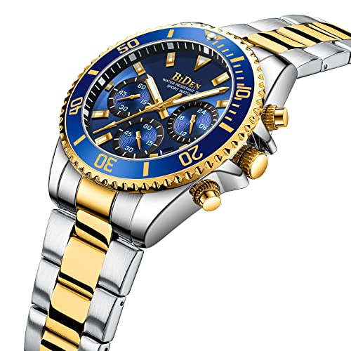 BIDEN Mens Chronograph Gold Blue Stainless Steel Watch