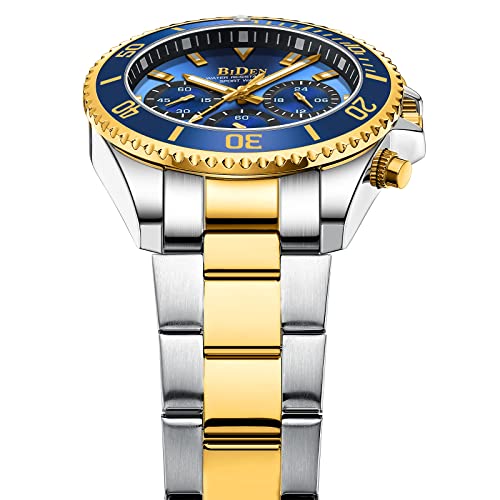 BIDEN Mens Chronograph Gold Blue Stainless Steel Watch