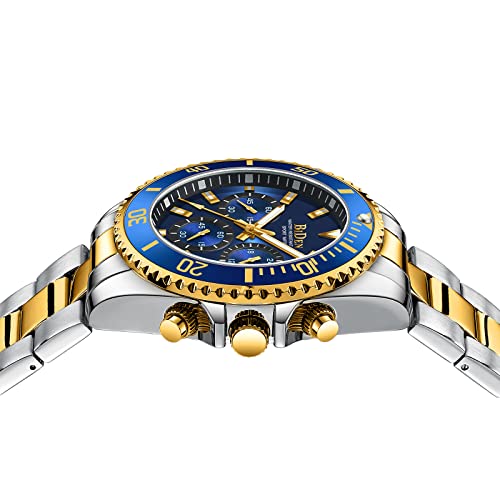 BIDEN Mens Chronograph Gold Blue Stainless Steel Watch