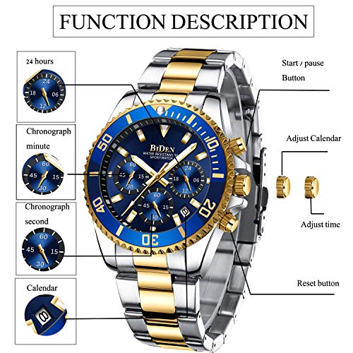 BIDEN Mens Chronograph Gold Blue Stainless Steel Watch