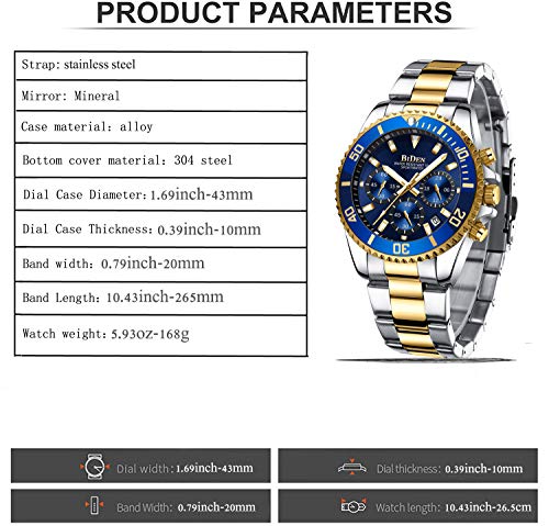 BIDEN Mens Chronograph Gold Blue Stainless Steel Watch
