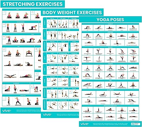 Vive Workout Posters 3 Pack - Bodyweight, Yoga, Stretching