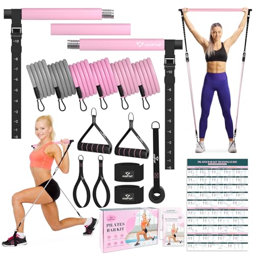 Pink Pilates Bar Kit with Resistance Bands, Adjustable Metal Buckle