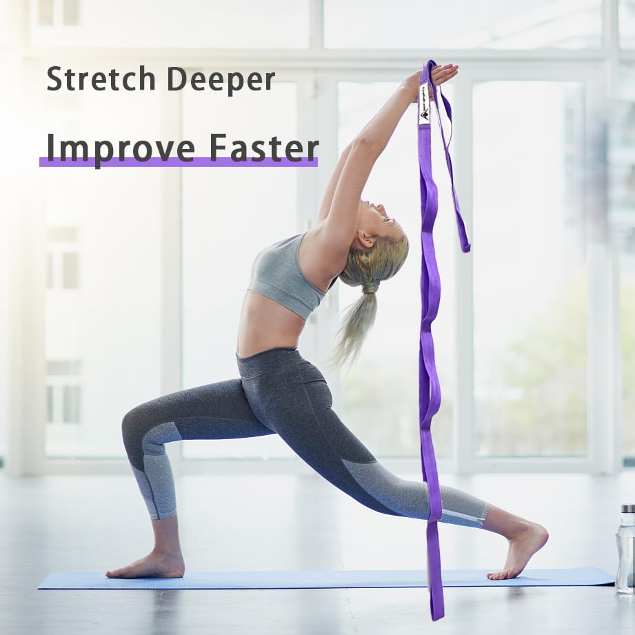 Non-Elastic Yoga Strap with Loops, Workout Guide - Purple