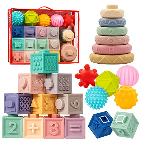 Montessori Baby Toy Set: Stacking Blocks, Teething Toys & Sensory Balls