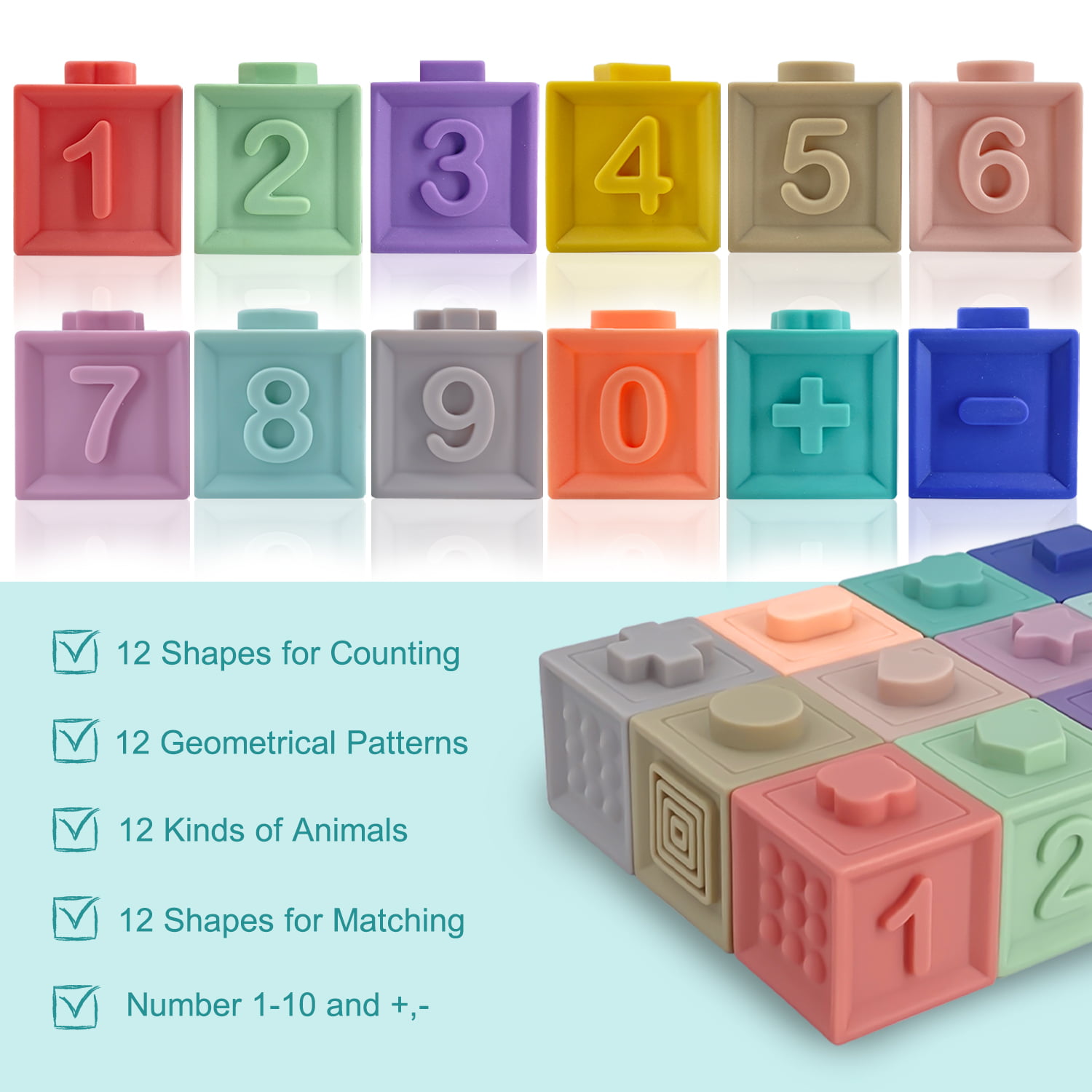 12pc Soft Baby Blocks with Numbers & Animals
