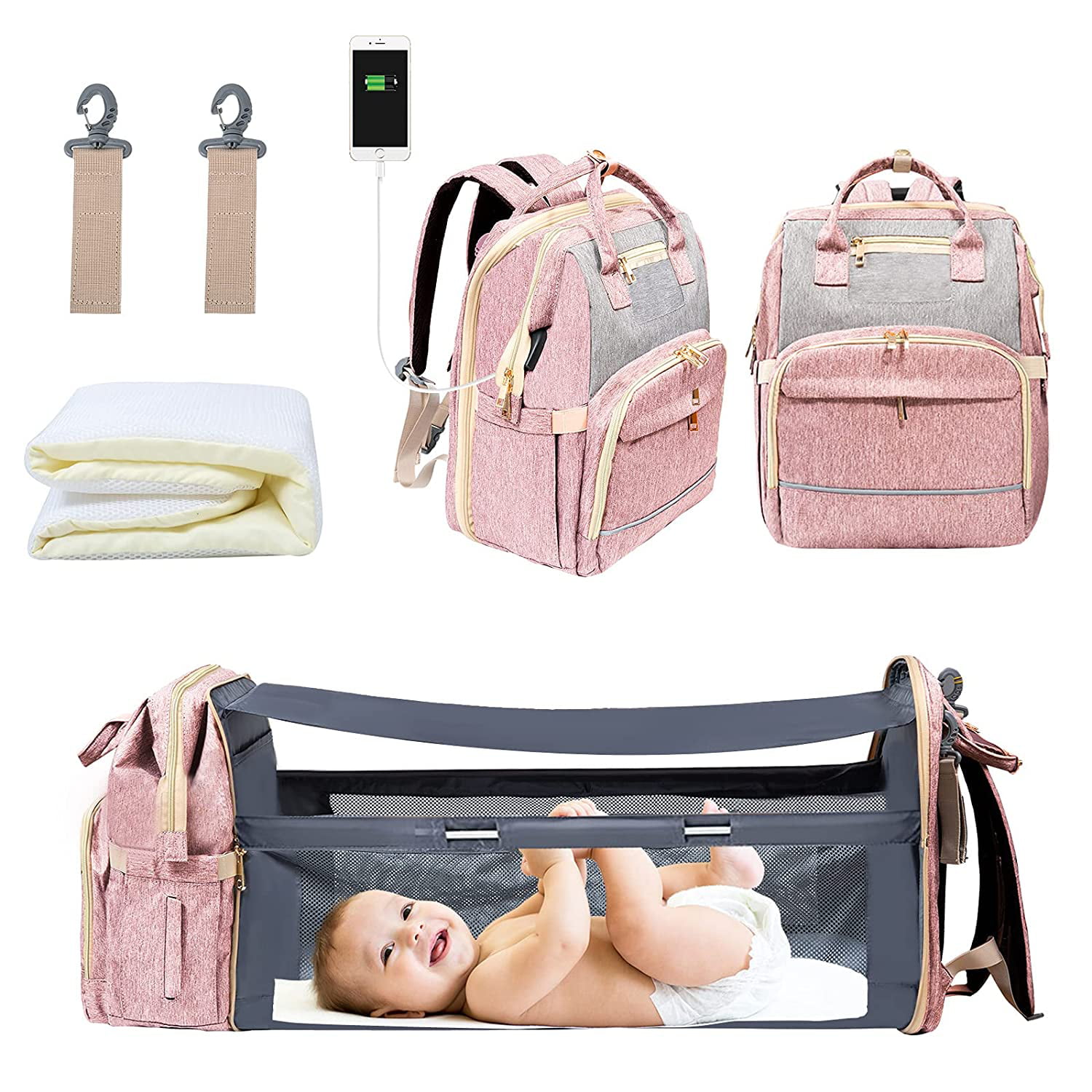Pink WiseWater Diaper Backpack with Changing Station & USB Charging