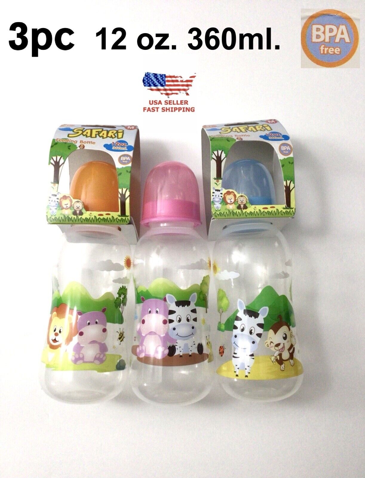 Safari-themed BPA-free baby bottles (3 pack)