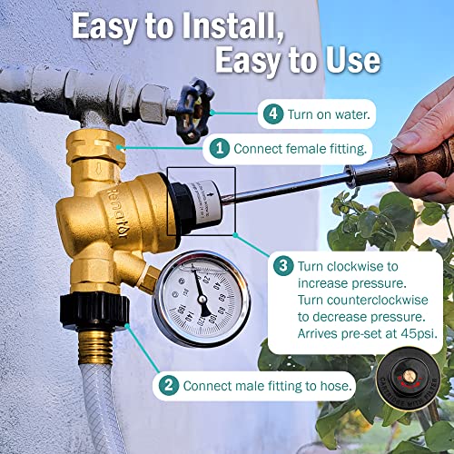 Adjustable Brass RV Water Pressure Regulator with Gauge