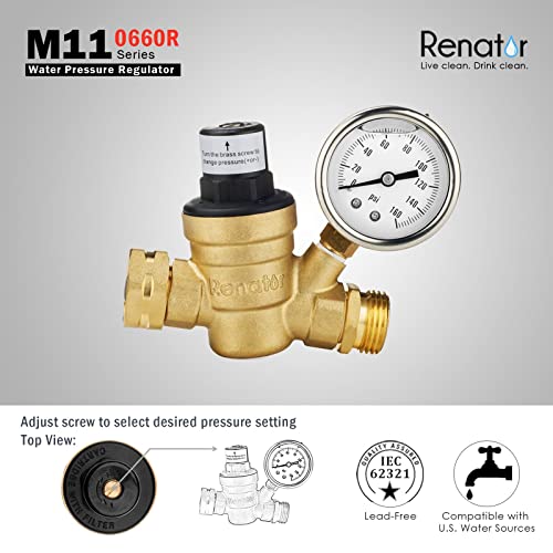 Adjustable Brass RV Water Pressure Regulator with Gauge