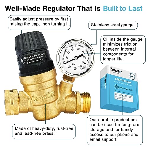Adjustable Brass RV Water Pressure Regulator with Gauge