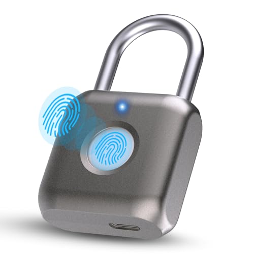 Biometric Fingerprint Smart Padlock, USB Rechargeable, Waterproof, Gray