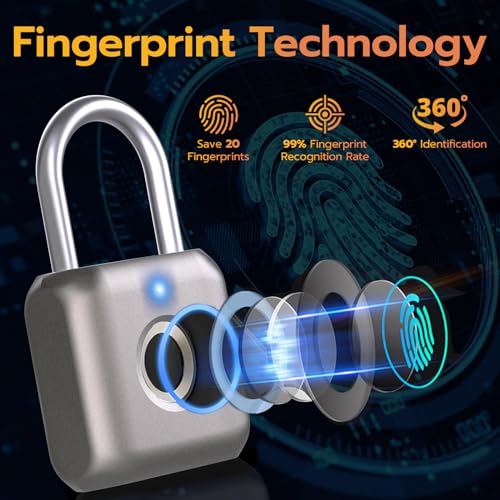 Biometric Fingerprint Smart Padlock, USB Rechargeable, Waterproof, Gray