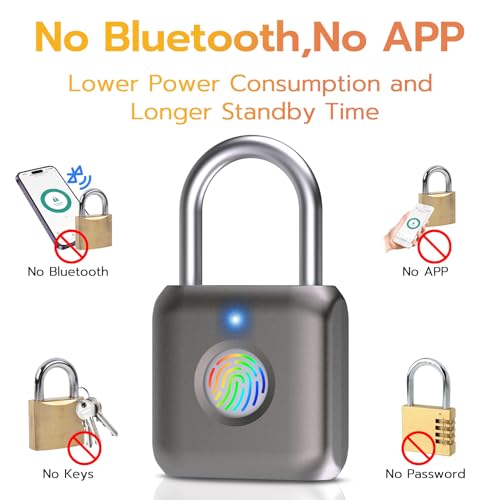 Biometric Fingerprint Smart Padlock, USB Rechargeable, Waterproof, Gray